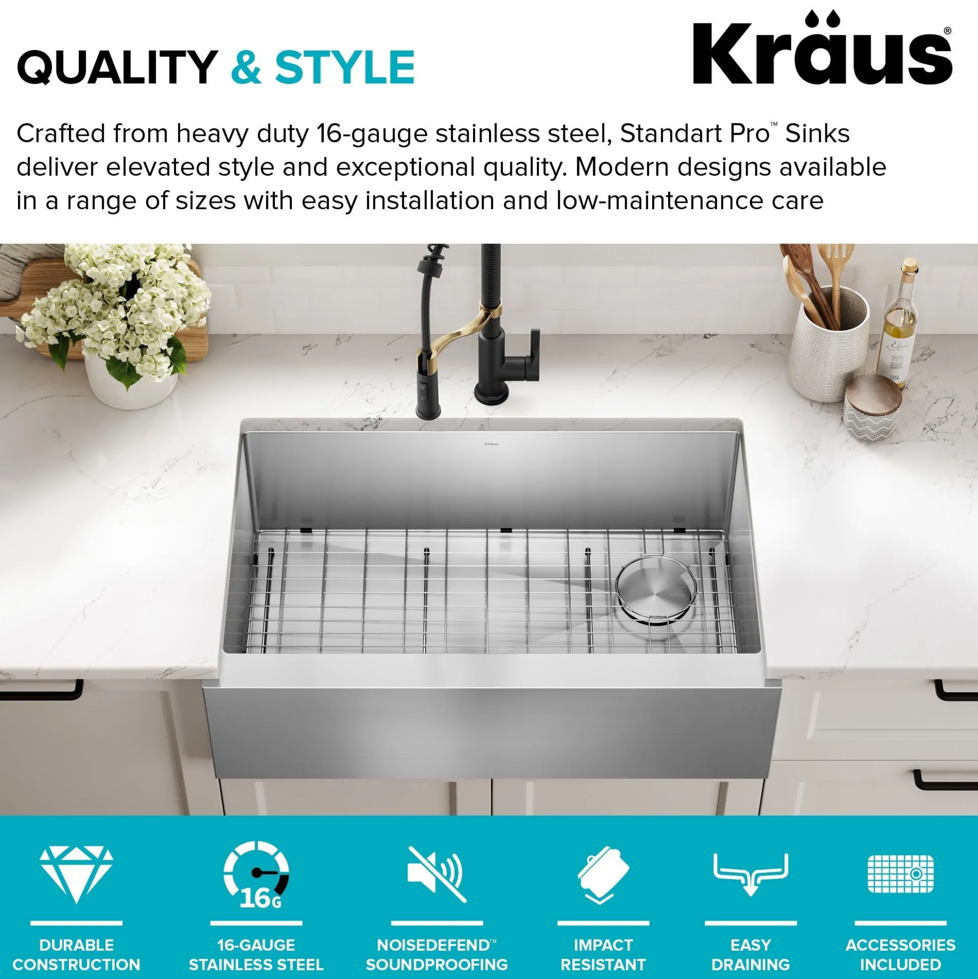 33" Flat Apron Front Farmhouse 16 Gauge Single Bowl Stainless Steel Kitchen Sink