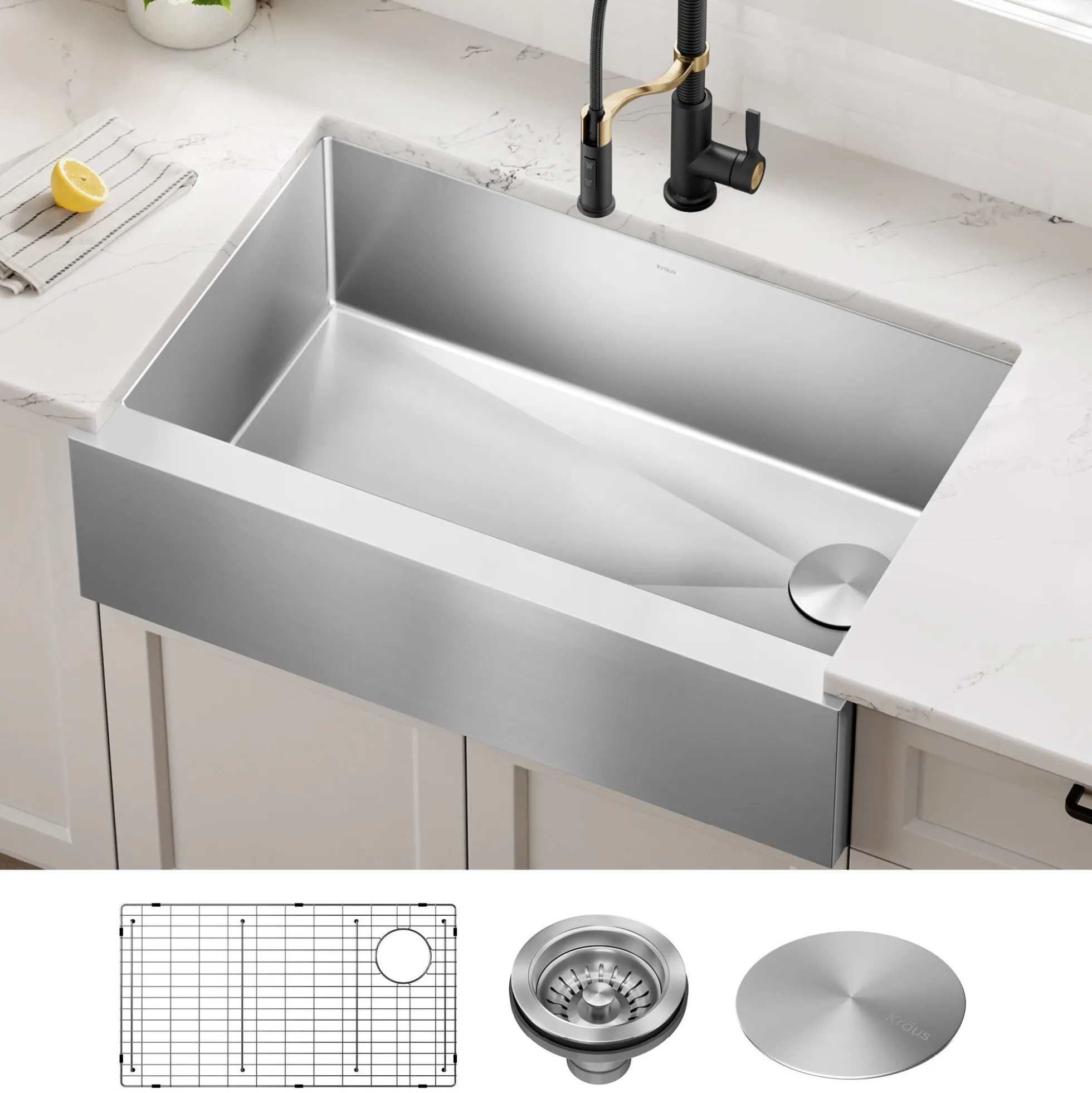 33" Flat Apron Front Farmhouse 16 Gauge Single Bowl Stainless Steel Kitchen Sink