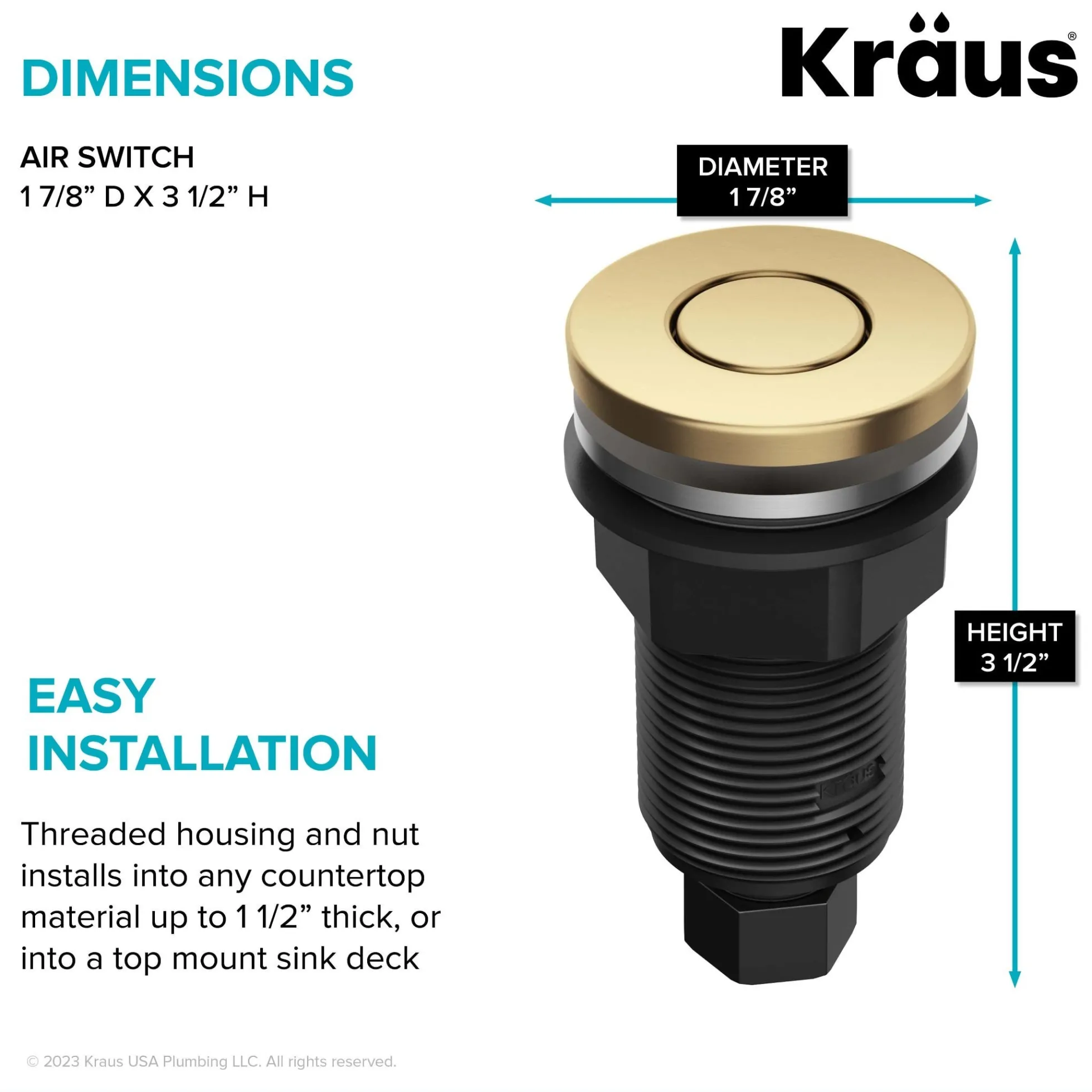 Flat-Top Garbage Disposal Air Switch Button in Brushed Brass