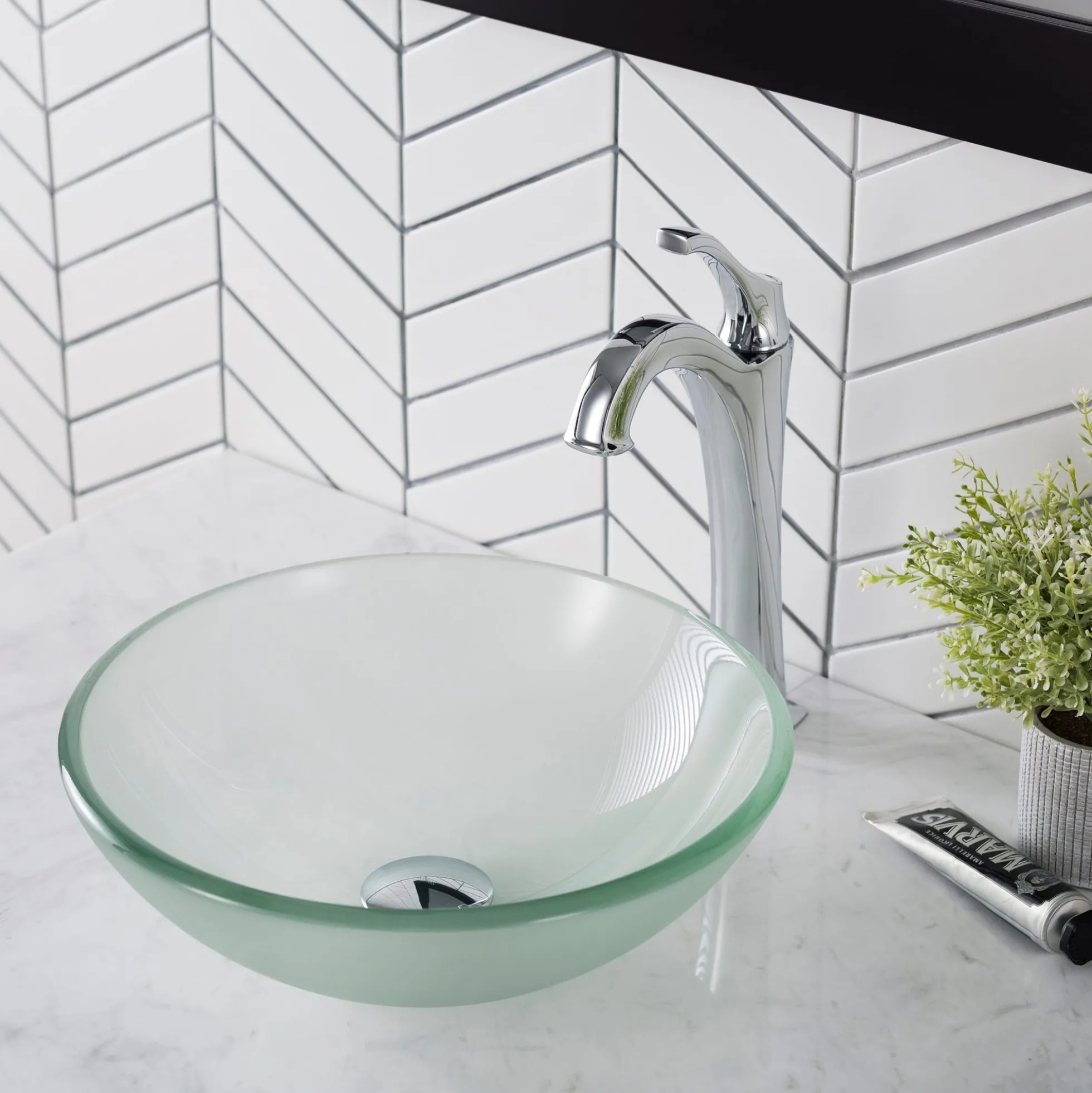 Frosted Glass Vessel 14" Bathroom Sink