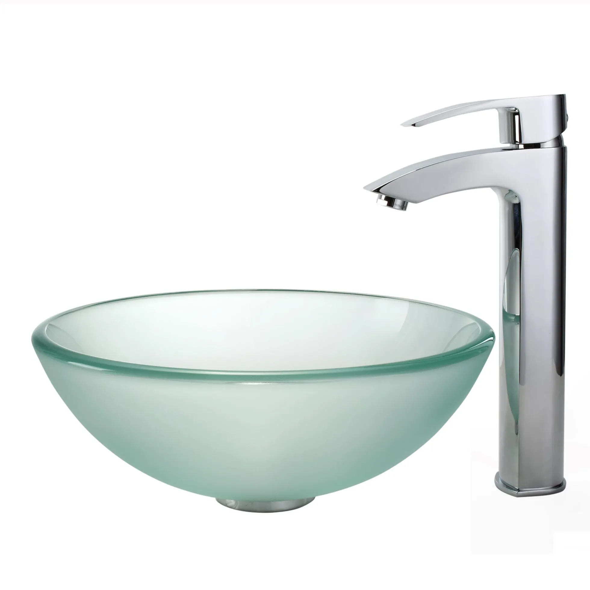 Frosted Glass Vessel 14" Bathroom Sink w/ Pop-Up Drain in Satin Nickel