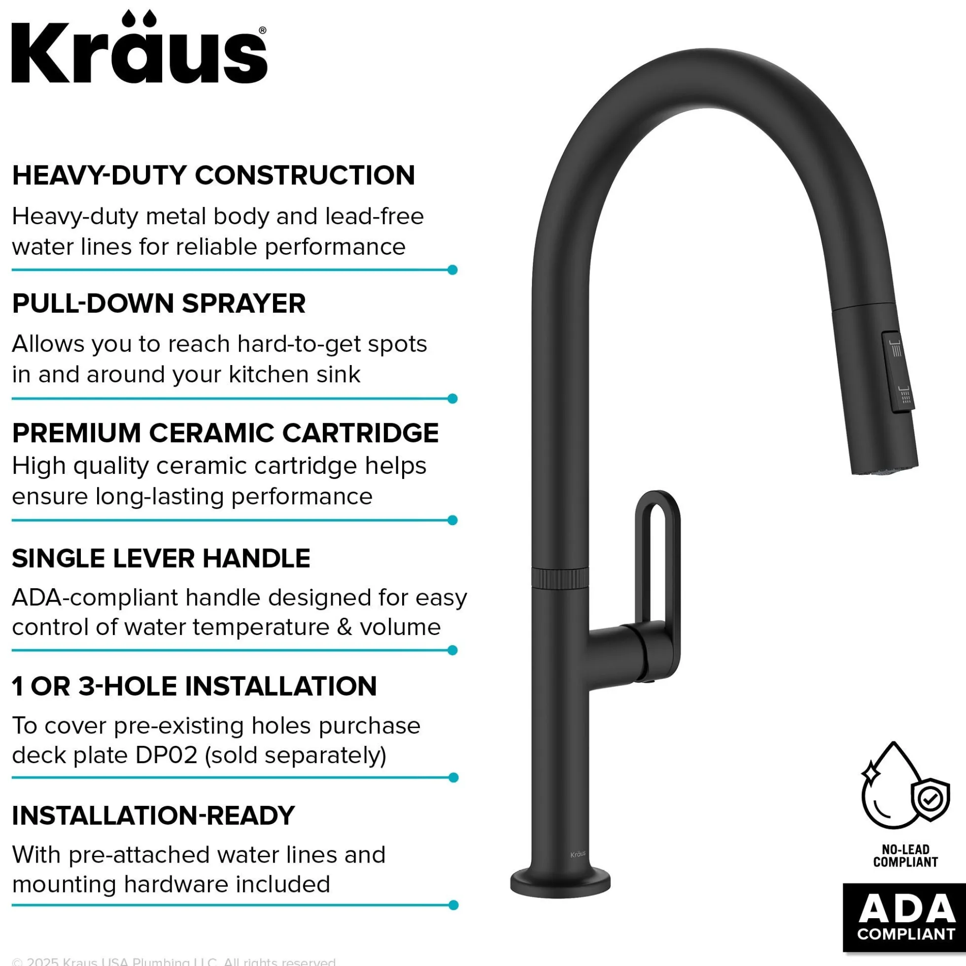 2-FunctionSingle HandlePull Down Kitchen Faucetin Matte Black