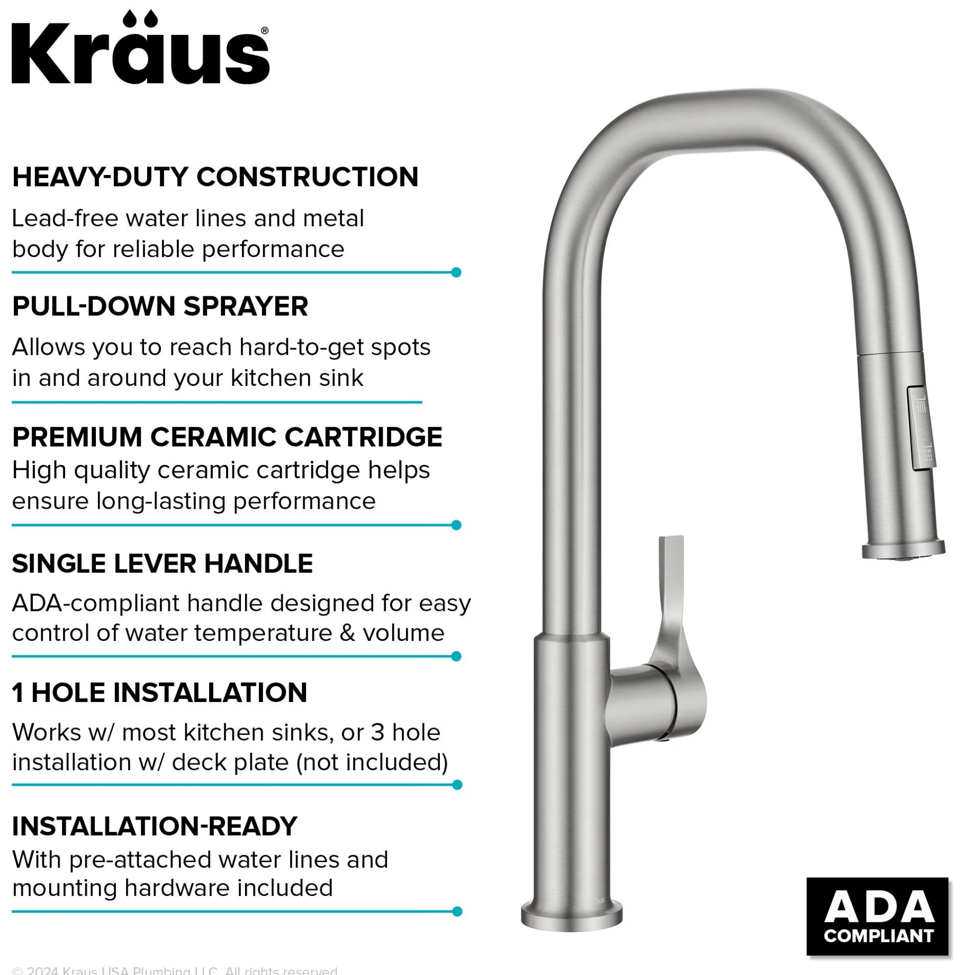 2-Function Single Handle Pull Down Kitchen Faucet in Spot-Free Stainless Steel