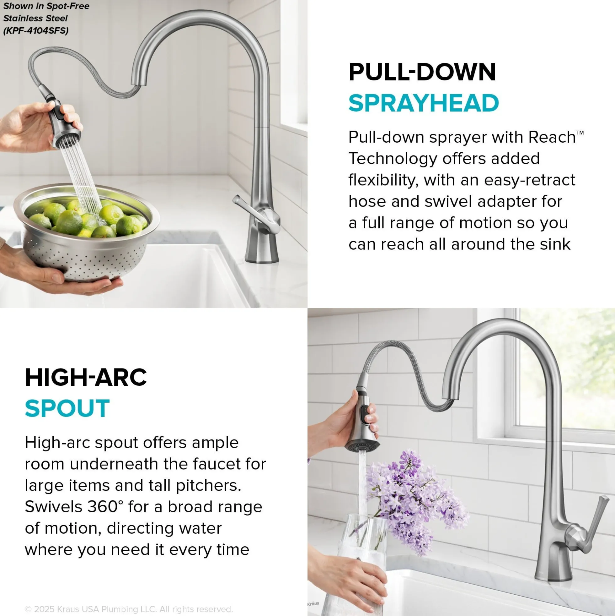 2-Function Single Handle Pull Down Kitchen Faucet in Brushed Gold