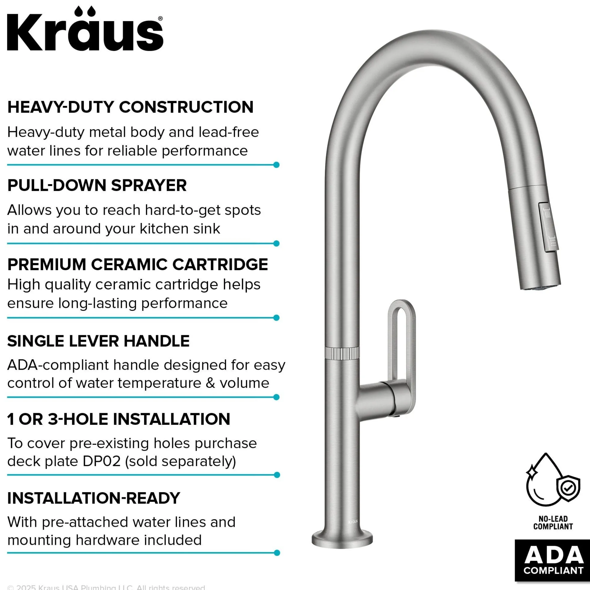 2-Function Single Handle Pull Down Kitchen Faucet in Spot-Free Stainless Steel