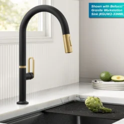 2-Function Single Handle Pull Down Kitchen Faucet in Spot-Free Brushed Brass / Matte Black