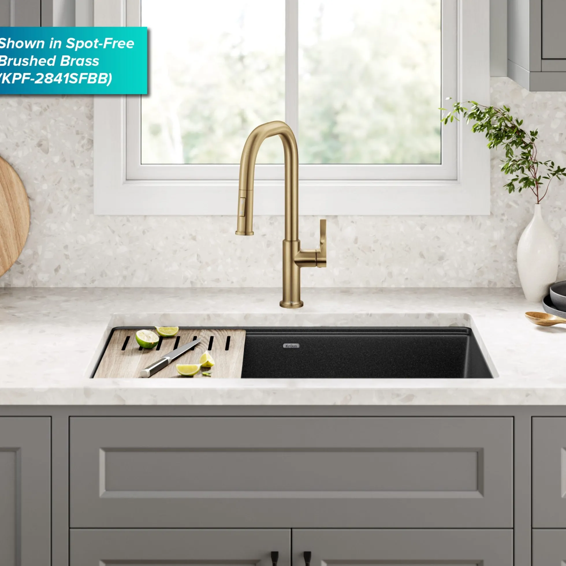 2-Function Single Handle Pull Down Kitchen Faucet in Spot-Free Brushed Brass / Matte Black