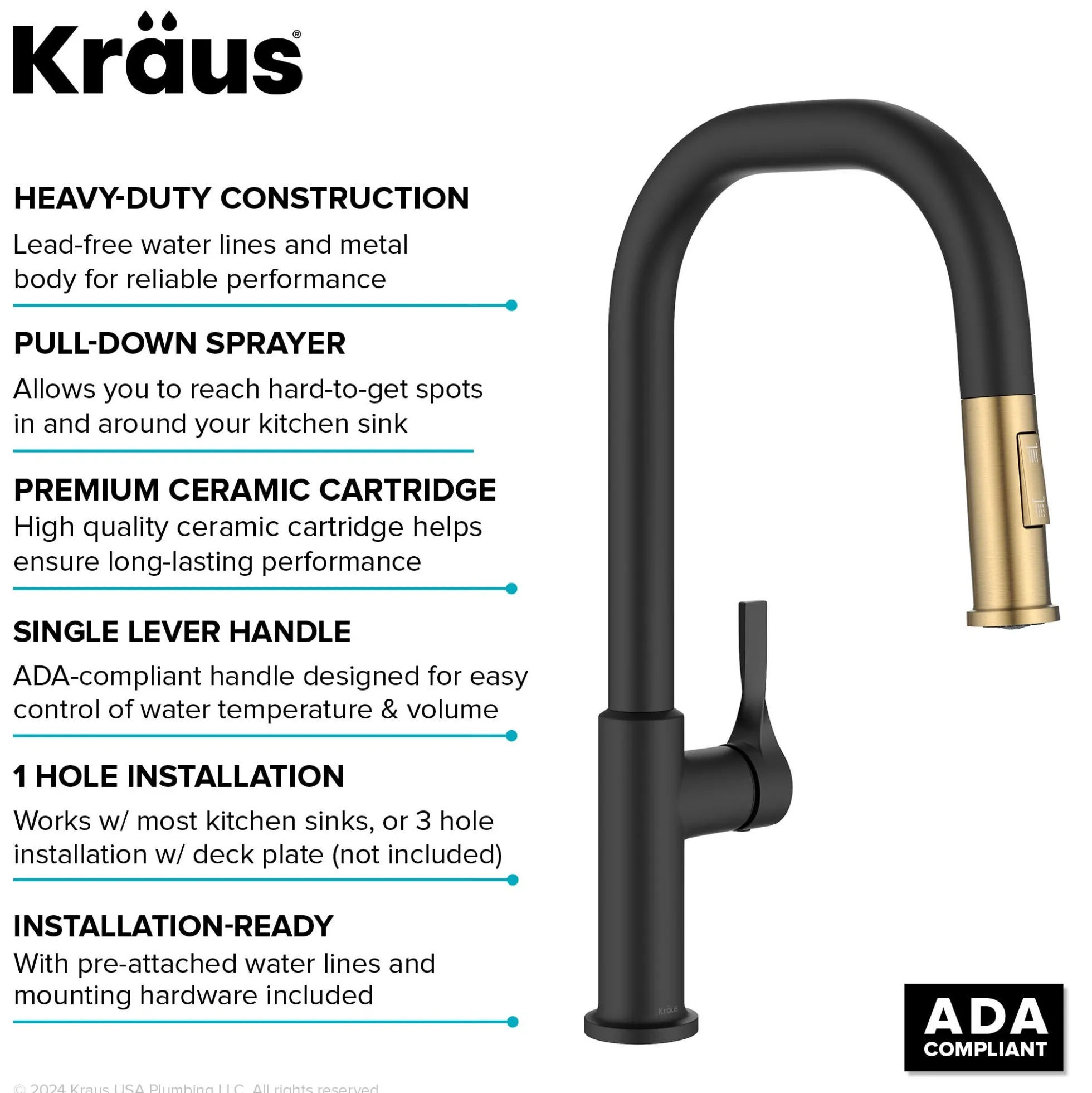 2-Function Single Handle Pull Down Kitchen Faucet in Spot-Free Brushed Brass / Matte Black