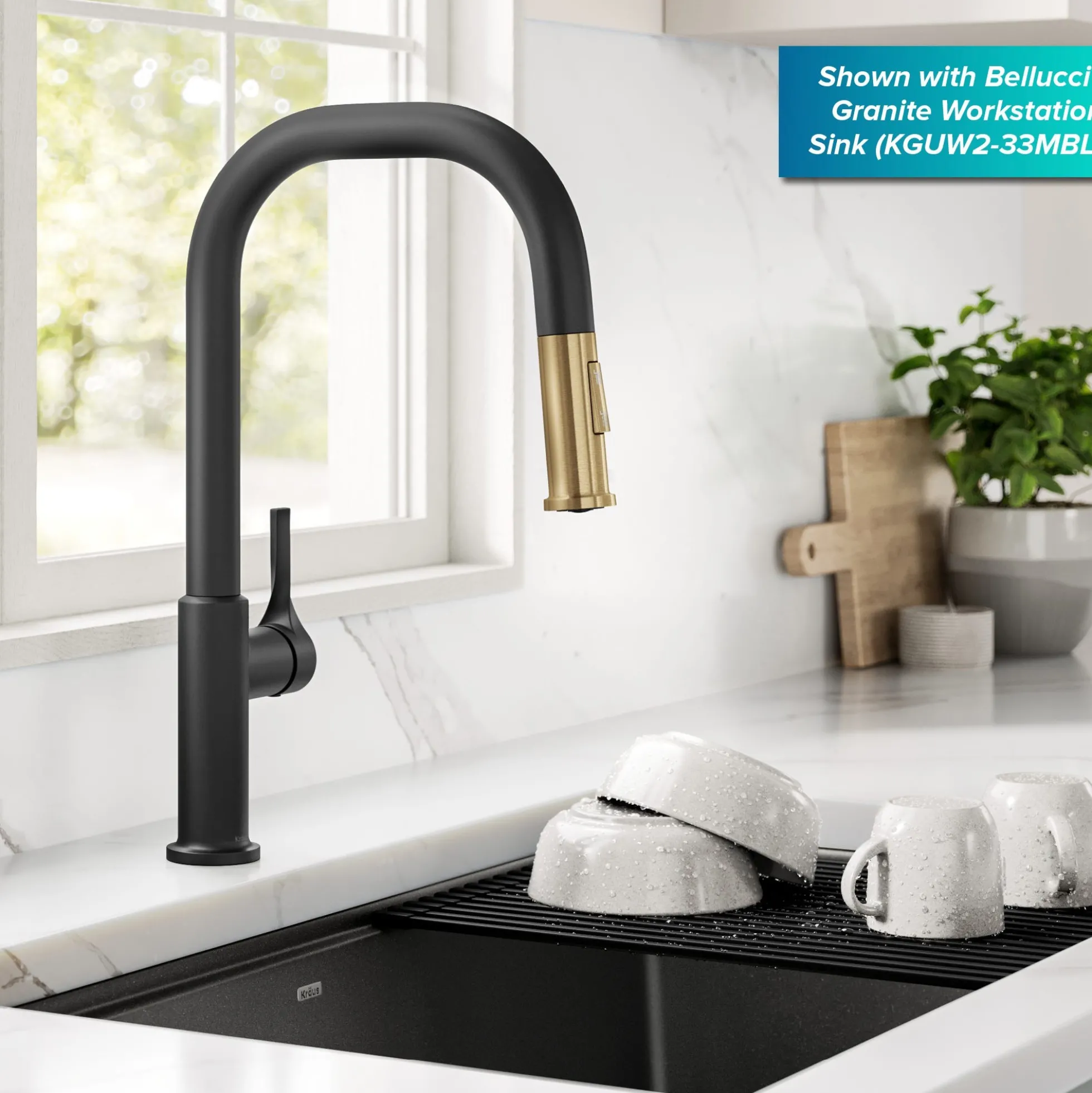 2-Function Single Handle Pull Down Kitchen Faucet in Spot-Free Brushed Brass / Matte Black