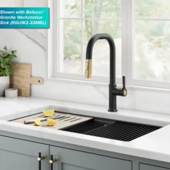 2-Function Single Handle Pull Down Kitchen Faucet in Spot-Free Brushed Brass / Matte Black
