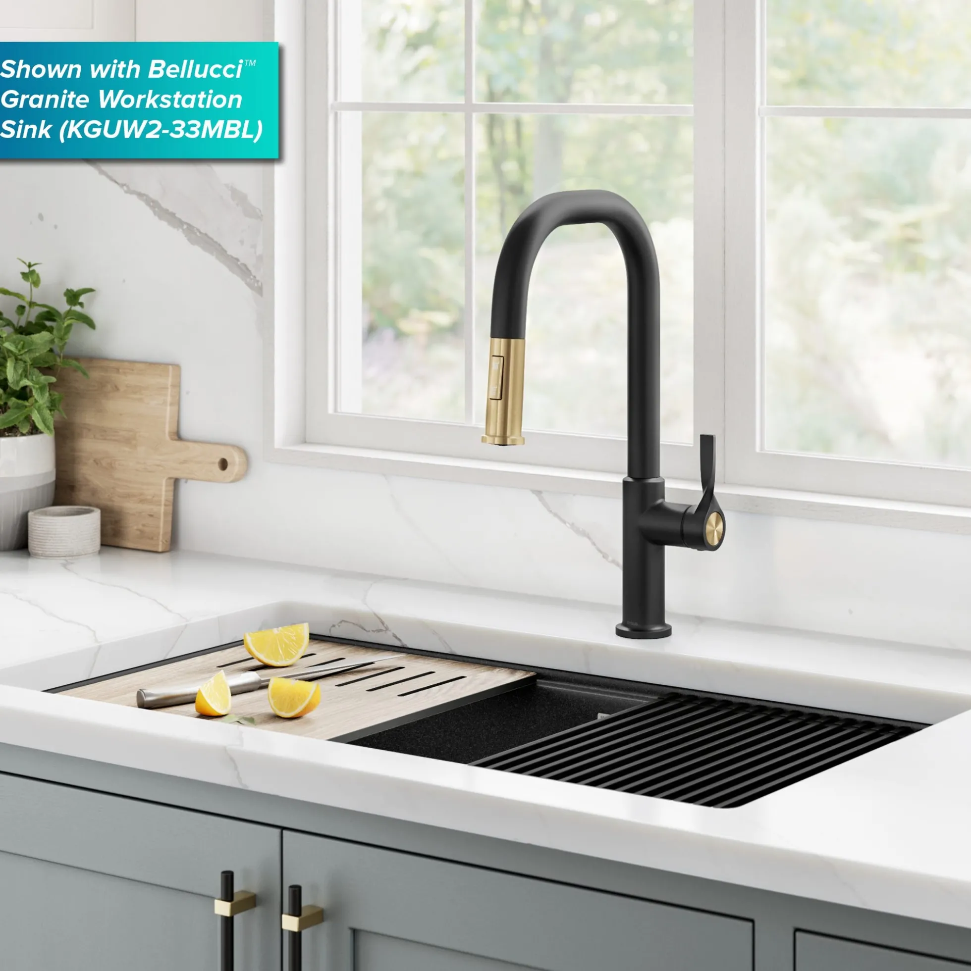 2-Function Single Handle Pull Down Kitchen Faucet in Spot-Free Brushed Brass / Matte Black