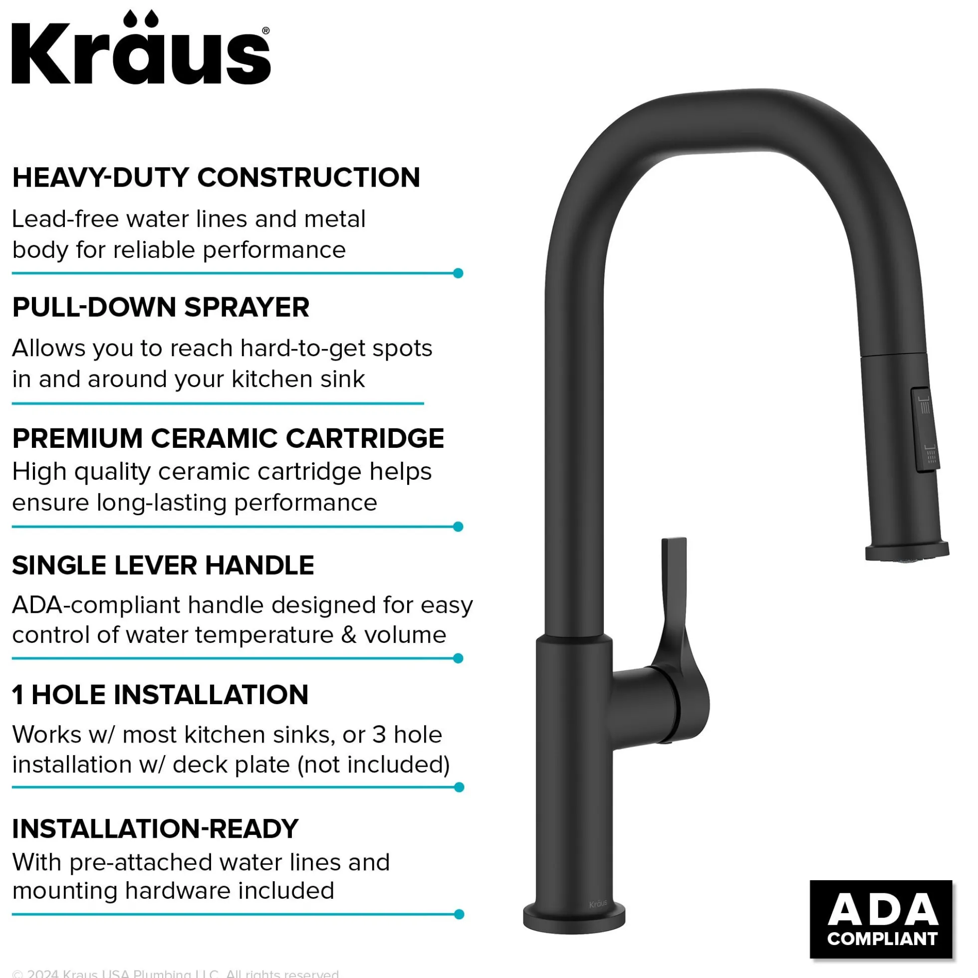 2-Function Single Handle Pull Down Kitchen Faucet in Matte Black