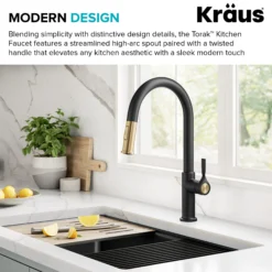 2-Function Single Handle Pull Down Kitchen Faucet in Spot-Free Brushed Brass / Matte Black