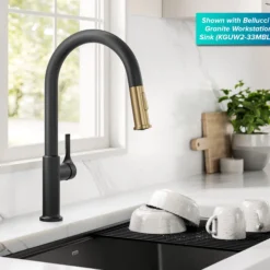 2-Function Single Handle Pull Down Kitchen Faucet in Spot-Free Brushed Brass / Matte Black