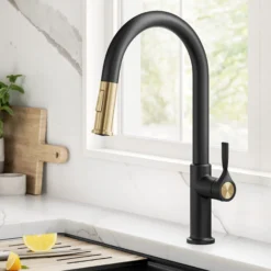 2-Function Single Handle Pull Down Kitchen Faucet in Spot-Free Brushed Brass / Matte Black