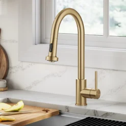 2-Function Single Handle Pull Down Kitchen Faucet in Spot-Free Brushed Brass