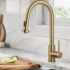 2-Function Single Handle Pull Down Kitchen Faucet in Spot-Free Brushed Brass