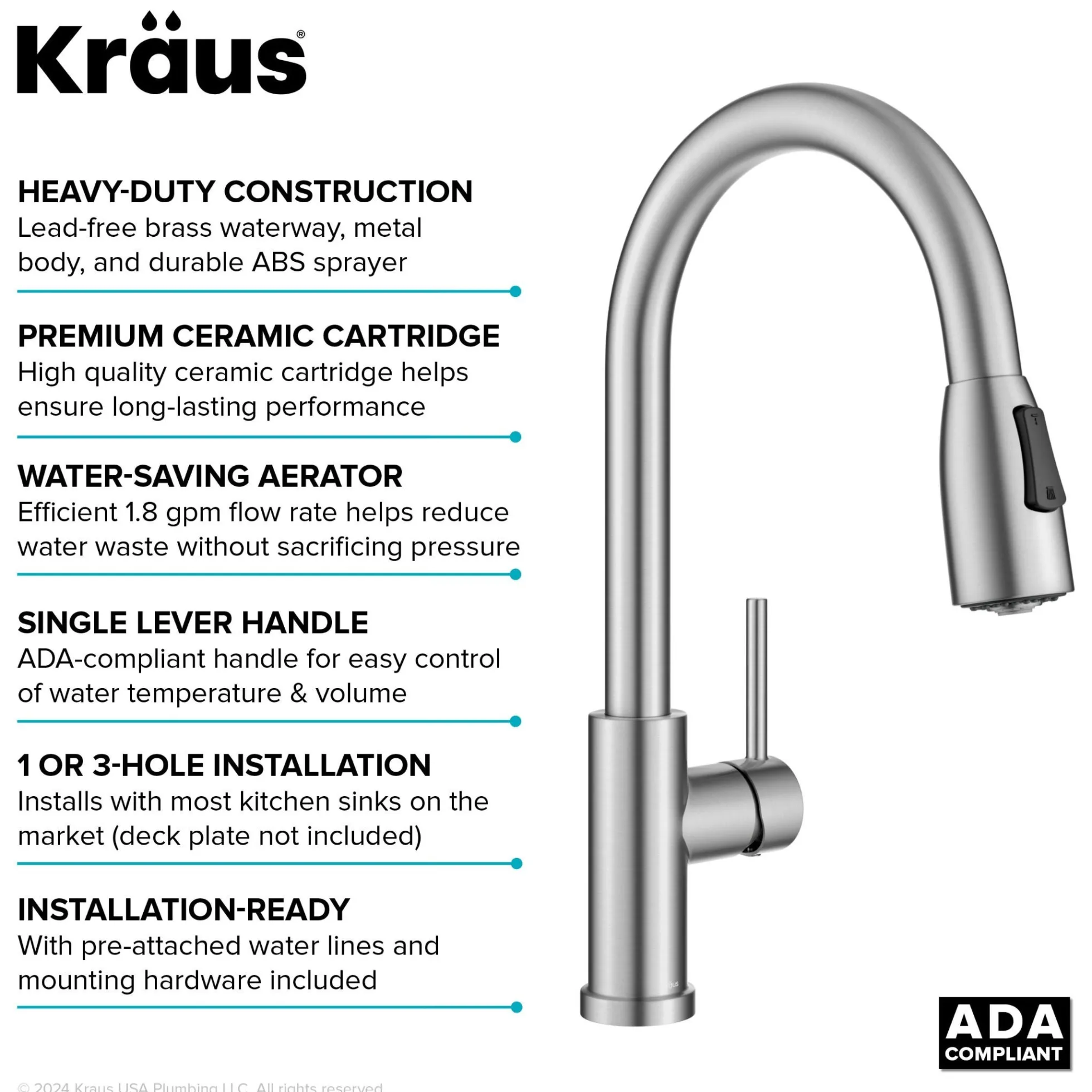2-Function Single Handle Pull Down Kitchen Faucet in Spot-Free Stainless Steel