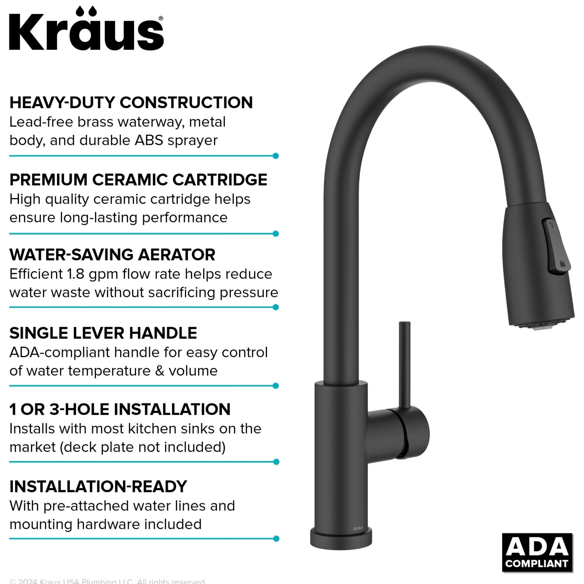 2-Function Single Handle Pull Down Kitchen Faucet in Matte Black