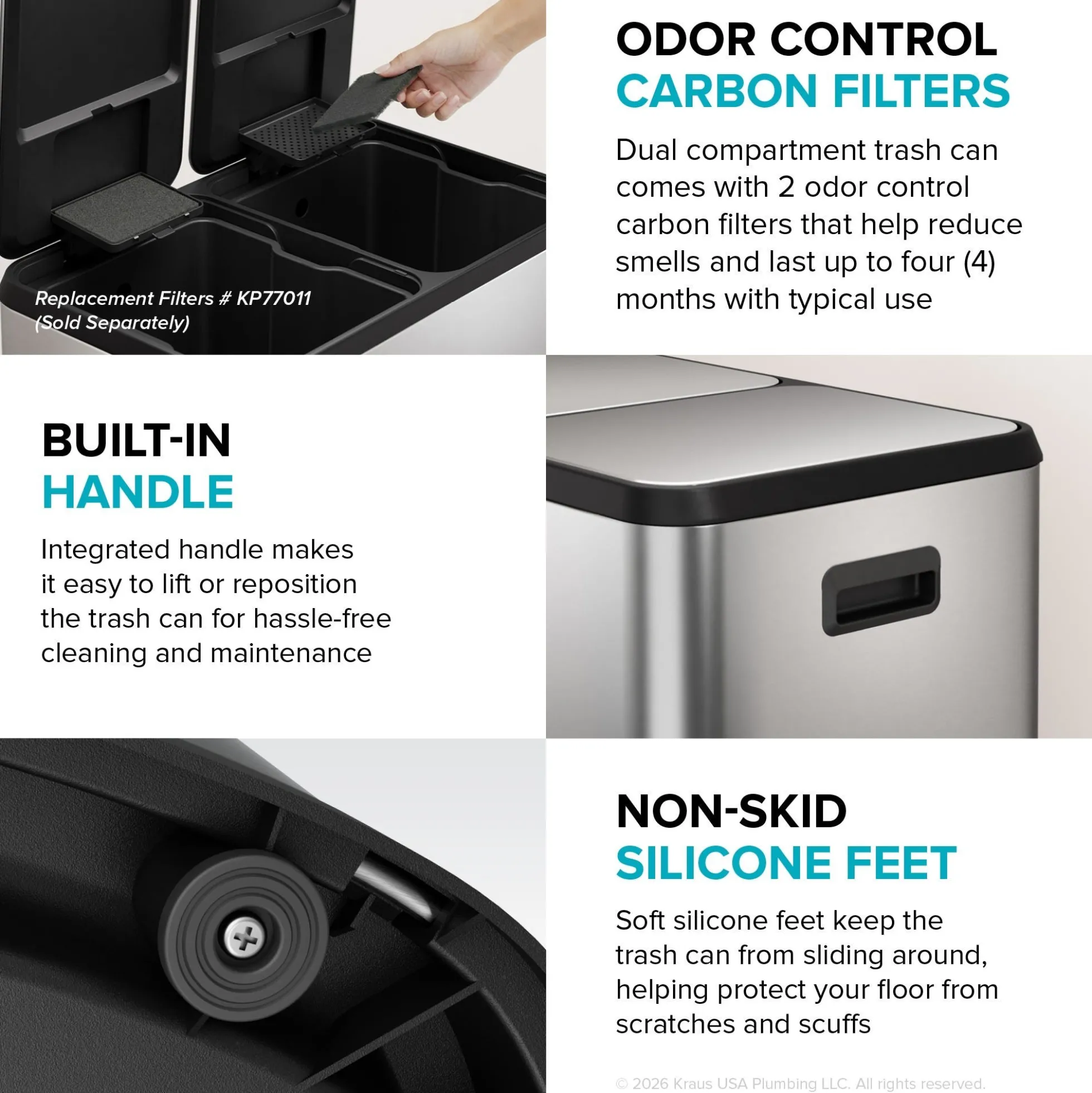 15.8 Gallon / 60 Liter Dual Compartment Step Pedal Kitchen Trash Can in Matte Black with Removable Inner Buckets, Odor Control Filters, and Soft Close Lid