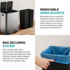 15.8 Gallon / 60 Liter Dual Compartment Step Pedal Kitchen Trash Can in Spot-Free Stainless Steel with Removable Inner Buckets, Odor Control Filters, and Soft Close Lid
