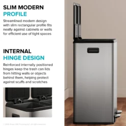 15.8 Gallon / 60 Liter Dual Compartment Step Pedal Kitchen Trash Can in Spot-Free Stainless Steel with Removable Inner Buckets, Odor Control Filters, and Soft Close Lid