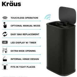 14.5 Gallon / 55 Liter Motion Sensor Kitchen Trash Can in Matte Black with Bag Securing Ring and Soft Close Lid