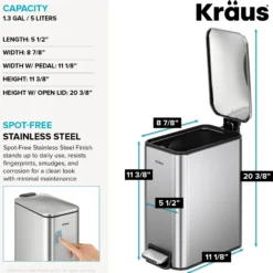 1.3 Gallon / 5 Liter Step Pedal Bathroom Trash Can in Spot-Free Stainless Steel with Removable Inner Bucket and Soft Close Lid