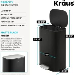13.2 Gallon / 50 Liter Step Pedal Kitchen Trash Can in Matte Black with Removable Inner Bucket and Soft Close Lid