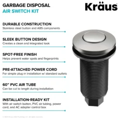 Garbage Disposal Air Switch Kitin Spot-Free Stainless Steel with Push Button, AC Adapter, Power Cord, and Air Tube Included
