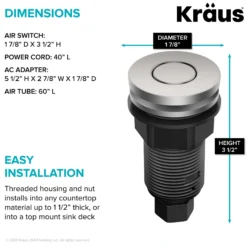 Garbage Disposal Air Switch Kit in Spot-Free Stainless Steel with Push Button, AC Adapter, Power Cord, and Air Tube Included