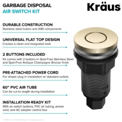 Garbage Disposal Air Switch Kit with 2 Flat-Top Push Buttons in Spot-Free Stainless Steel and Spot-Free Antique Champagne Bronze, AC Adapter, Power Cord, and Air Tube Included