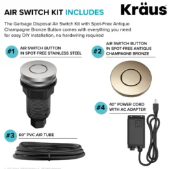Garbage Disposal Air Switch Kit with 2 Flat-Top Push Buttons in Spot-Free Stainless Steel and Spot-Free Antique Champagne Bronze, AC Adapter, Power Cord, and Air Tube Included