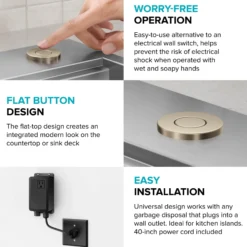 Garbage Disposal Air Switch Kit with 2 Flat-Top Push Buttons in Spot-Free Stainless Steel and Spot-Free Antique Champagne Bronze, AC Adapter, Power Cord, and Air Tube Included