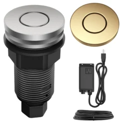 Garbage Disposal Air Switch Kit with 2 Flat-Top Push Buttons in Spot-Free Stainless Steel and Brushed Brass, AC Adapter, Power Cord, and Air Tube Included