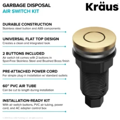 Garbage Disposal Air Switch Kit with 2 Flat-Top Push Buttons in Spot-Free Stainless Steel and Brushed Brass, AC Adapter, Power Cord, and Air Tube Included