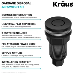 Garbage Disposal Air Switch Kit with 2 Flat-Top Push Buttons in Spot-Free Stainless Steel and Matte Black, AC Adapter, Power Cord, and Air Tube Included