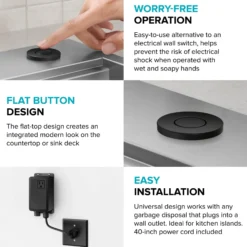 Garbage Disposal Air Switch Kit with 2 Flat-Top Push Buttons in Spot-Free Stainless Steel and Matte Black, AC Adapter, Power Cord, and Air Tube Included