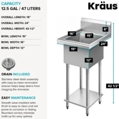 19” 18-Gauge Stainless Steel Single Bowl Freestanding Commercial Style Laundry Utility Sink