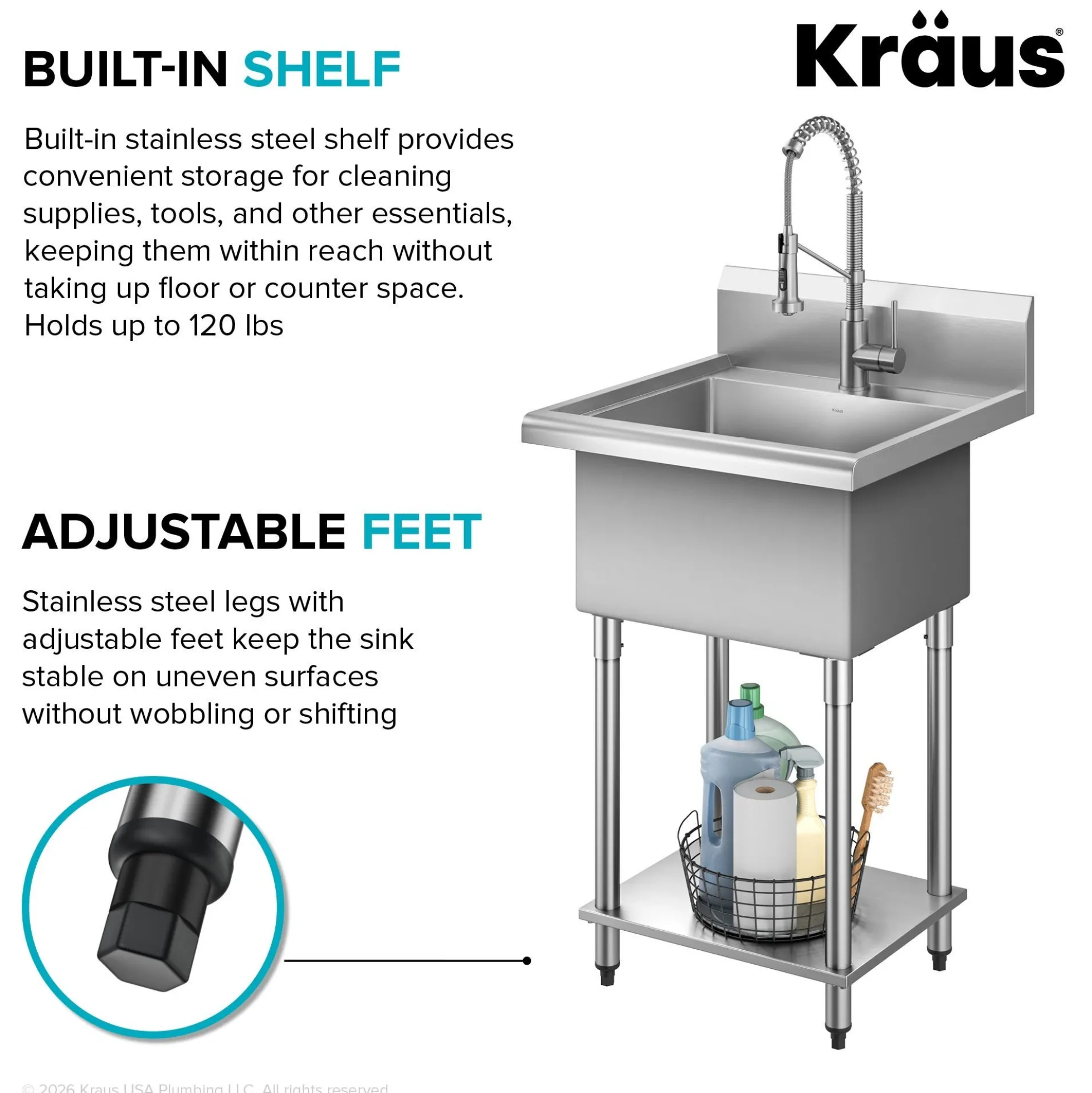 24” 18-Gauge Stainless Steel Single Bowl Freestanding Commercial Style Laundry Utility Sink