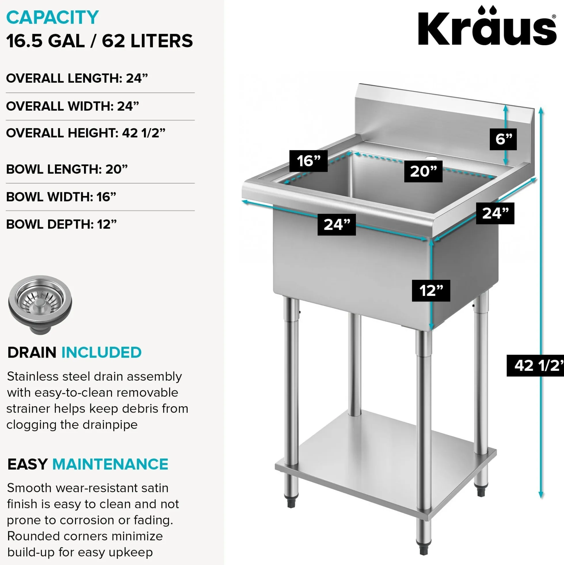 24” 18-Gauge Stainless Steel Single Bowl Freestanding Commercial Style Laundry Utility Sink