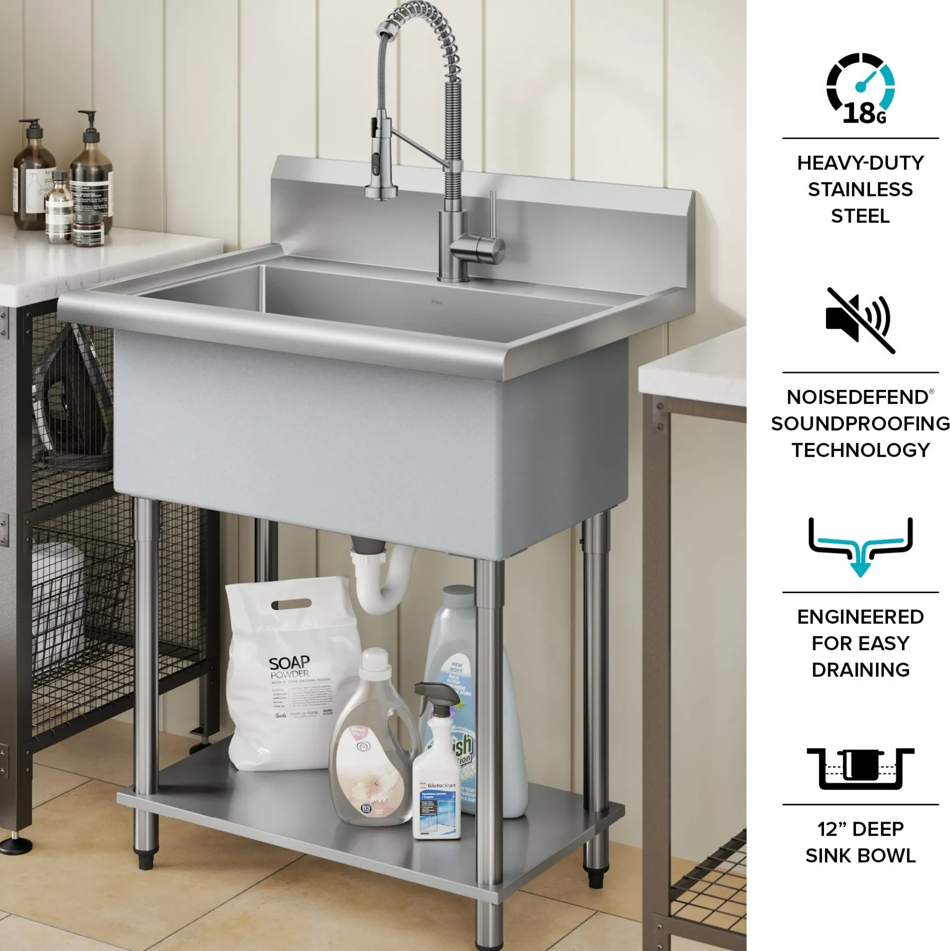 32” 18-Gauge Stainless Steel Single Bowl Freestanding Commercial Style Laundry Utility Sink