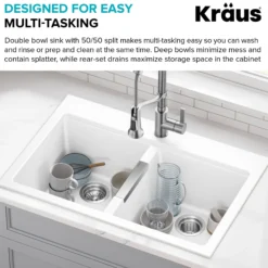 33” Granite Drop In / Undermount 50/50 Double Bowl White Kitchen Sink
