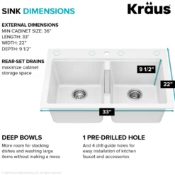 33” Granite Drop In / Undermount 50/50 Double Bowl White Kitchen Sink