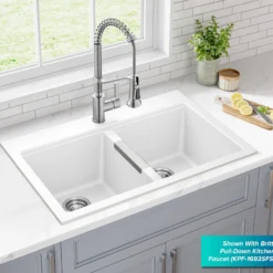 33” Granite Drop In / Undermount 50/50 Double Bowl White Kitchen Sink