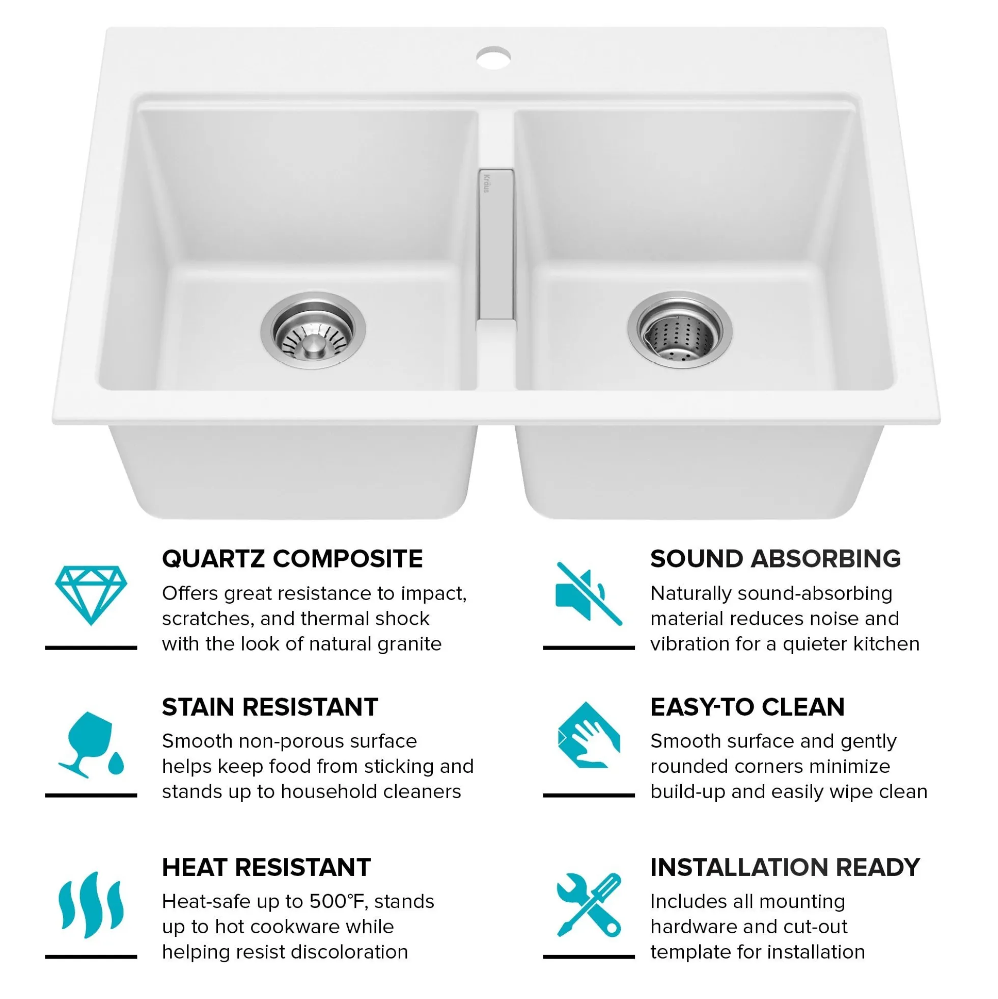 33” Granite Drop In / Undermount 50/50 Double Bowl White Kitchen Sink