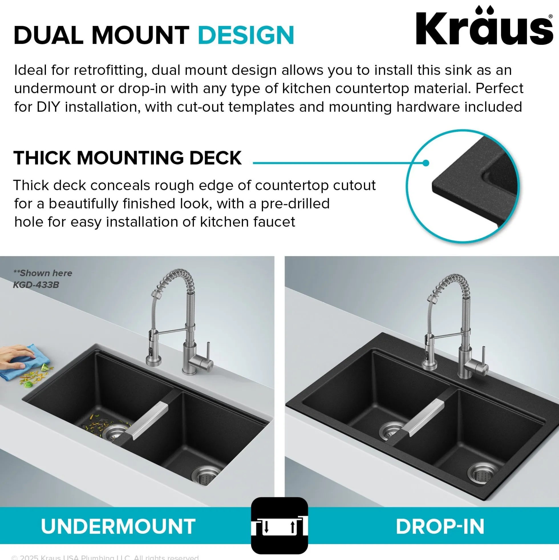 33” Granite Drop In / Undermount 50/50 Double Bowl White Kitchen Sink