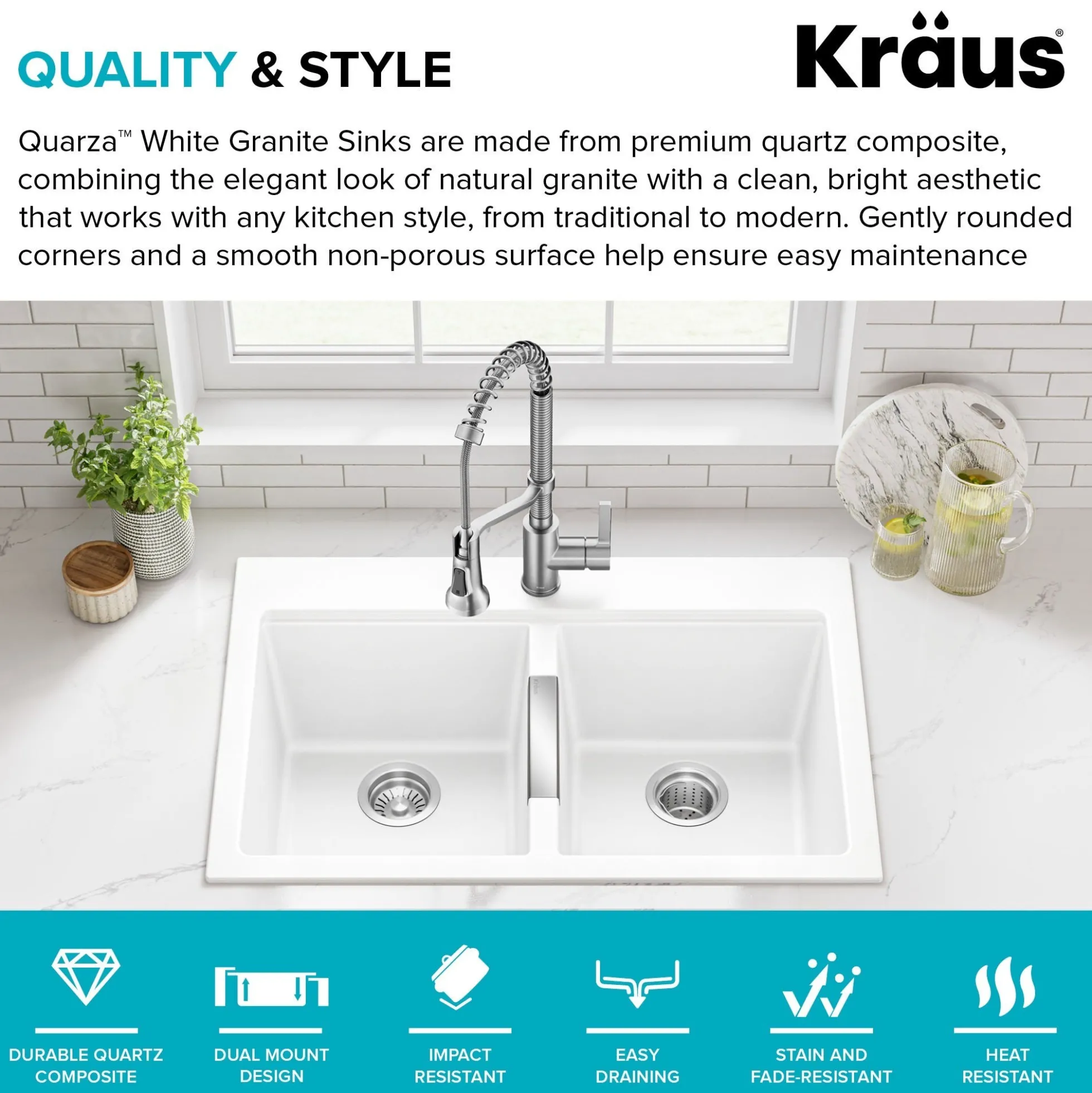 33” Granite Drop In / Undermount 50/50 Double Bowl White Kitchen Sink
