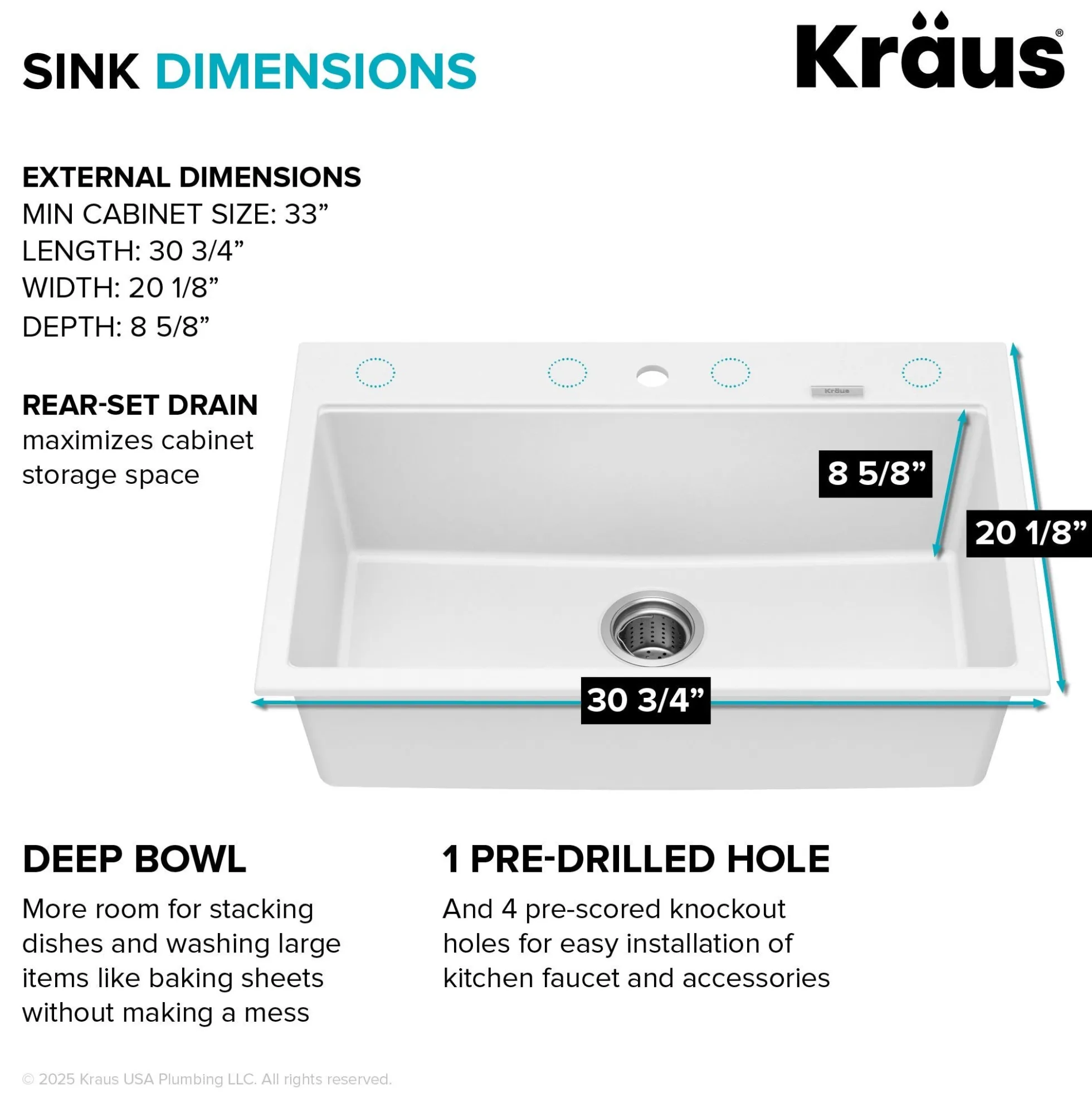 31” Granite Drop In / Undermount Single Bowl White Kitchen Sink