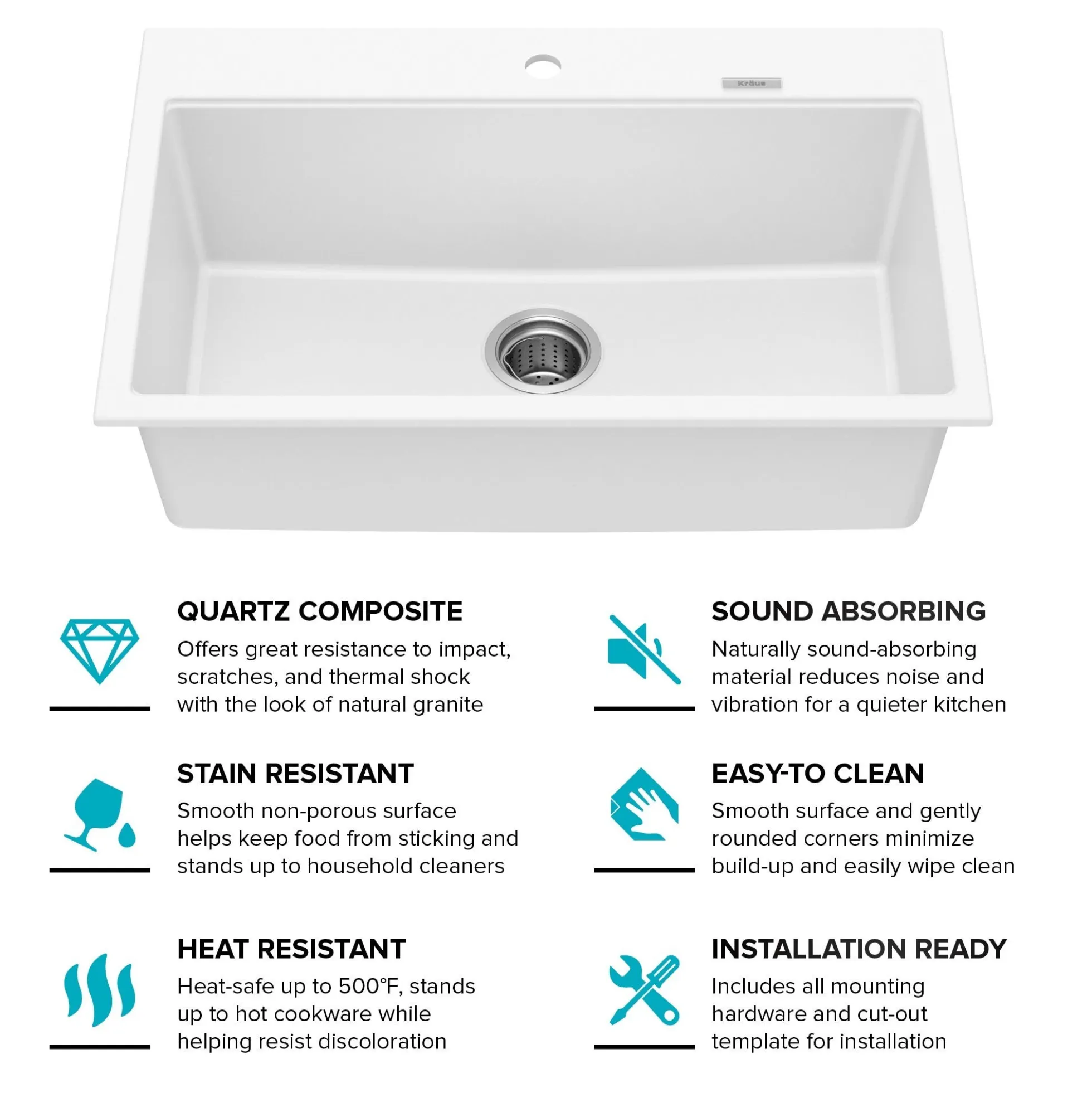 31” Granite Drop In / Undermount Single Bowl White Kitchen Sink